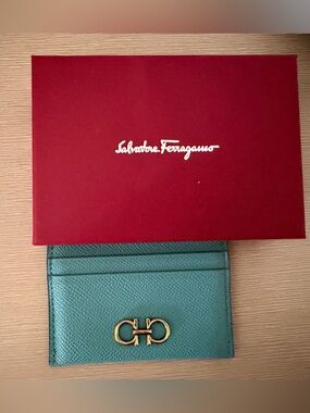 Salvatore Ferragamo Teal Leather Card Case with Gold Gancini